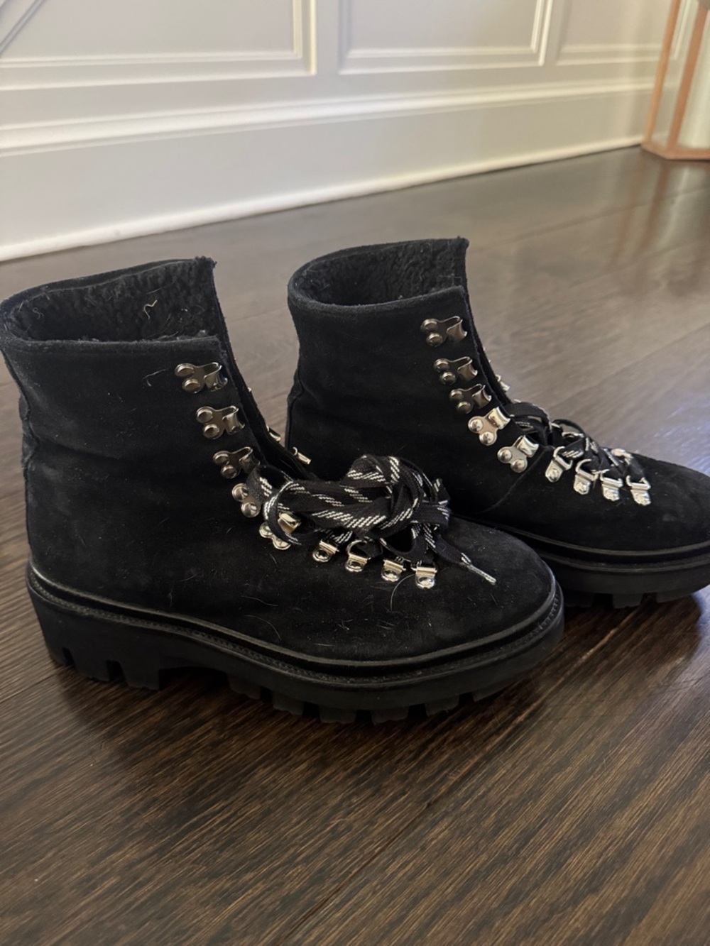 AllSaints Black Suede Lug-Sole Lace-Up Boots